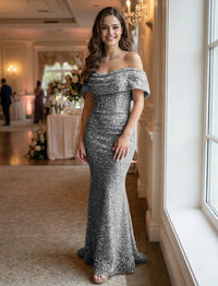Mermaid/Trumpet Sequin Ruched Off Shoulder Corset Prom Dresses Maxi Gowns