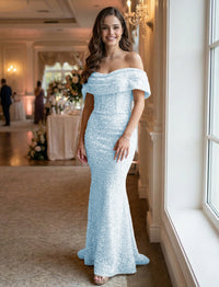 Mermaid/Trumpet Sequin Ruched Off Shoulder Corset Prom Dresses Maxi Gowns