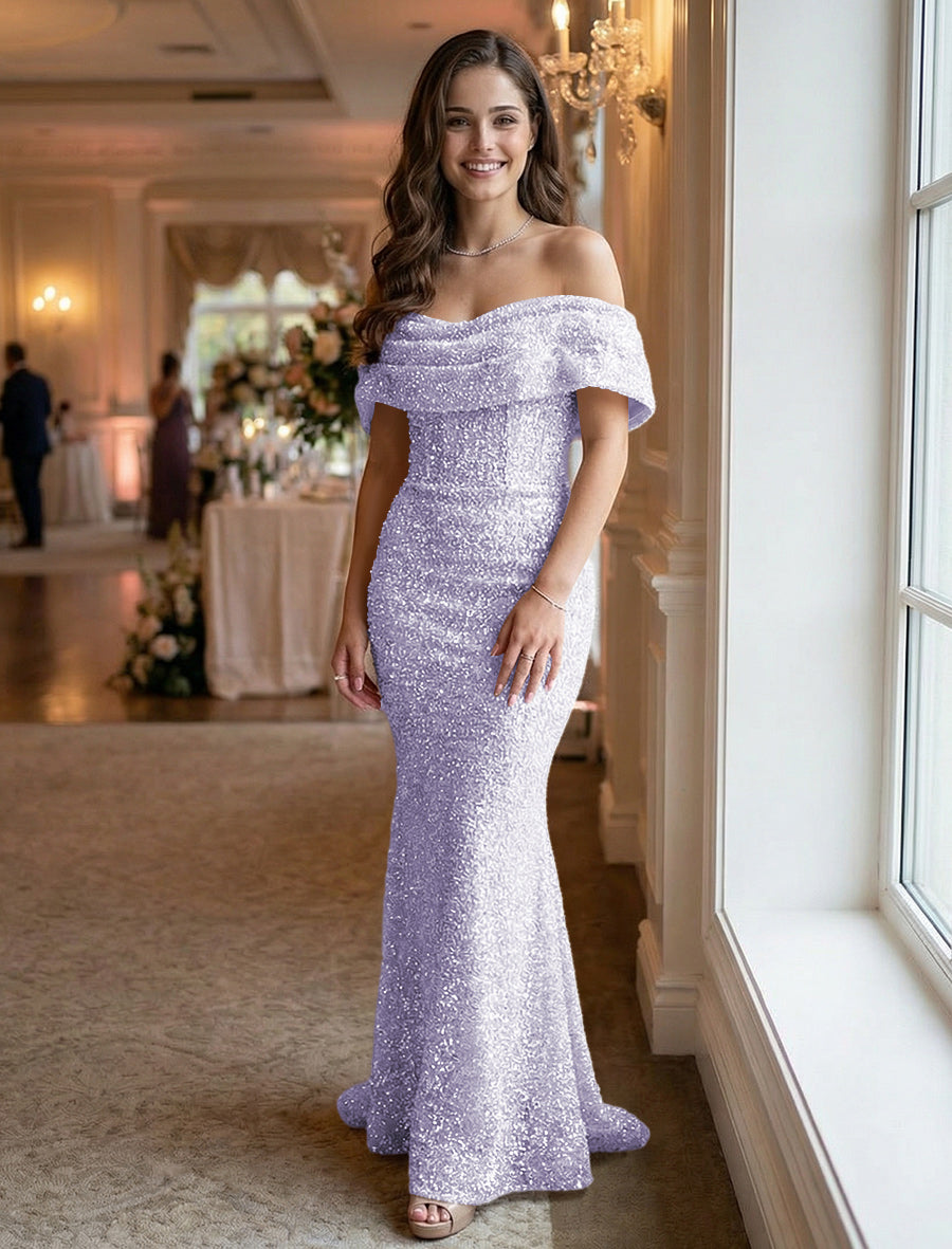 Mermaid/Trumpet Sequin Ruched Off Shoulder Corset Prom Dresses Maxi Gowns