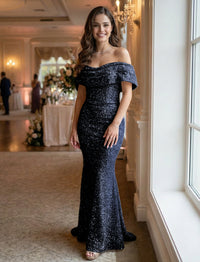 Mermaid/Trumpet Sequin Ruched Off Shoulder Corset Prom Dresses Maxi Gowns