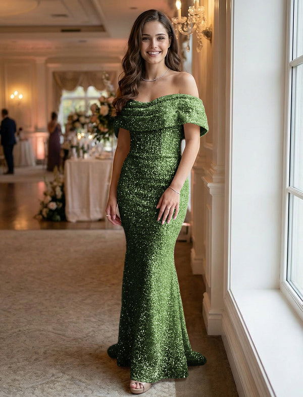 Mermaid/Trumpet Sequin Ruched Off Shoulder Corset Prom Dresses Maxi Gowns