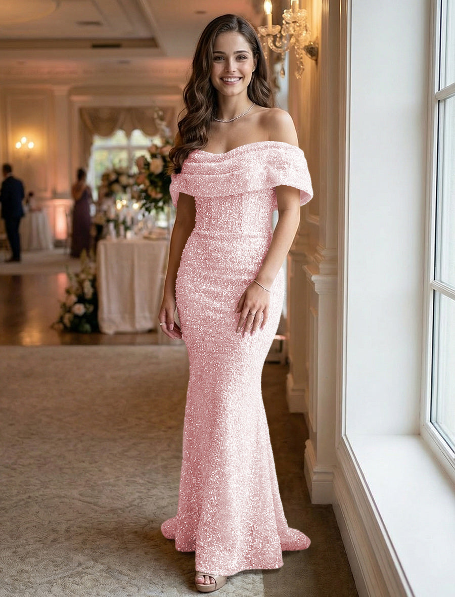 Mermaid/Trumpet Sequin Ruched Off Shoulder Corset Prom Dresses Maxi Gowns
