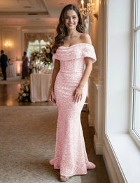 Mermaid/Trumpet Sequin Ruched Off Shoulder Corset Prom Dresses Maxi Gowns