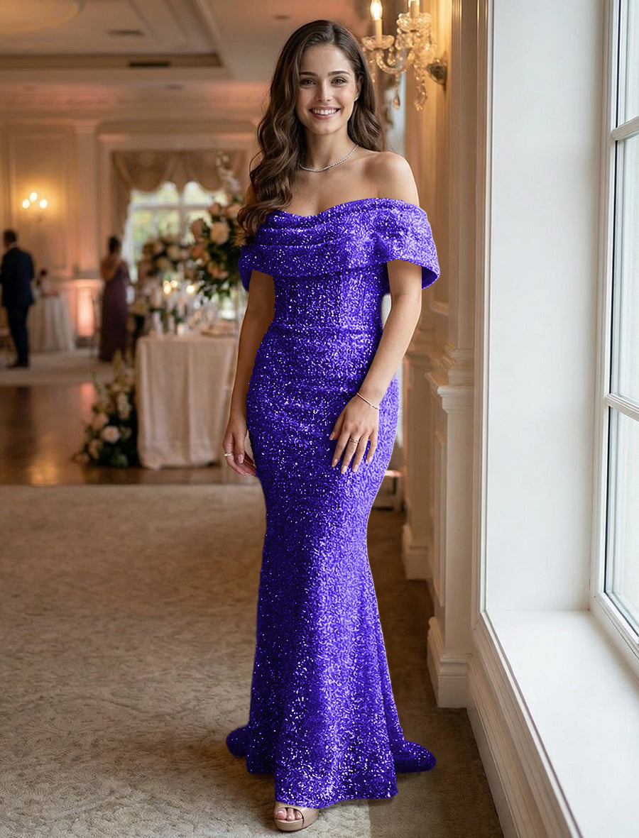 Mermaid/Trumpet Sequin Ruched Off Shoulder Corset Prom Dresses Maxi Gowns