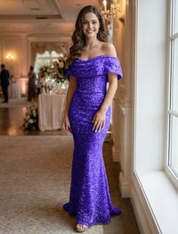 Mermaid/Trumpet Sequin Ruched Off Shoulder Corset Prom Dresses Maxi Gowns