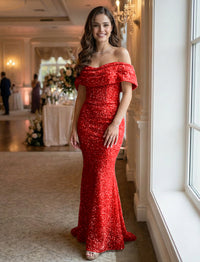 Mermaid/Trumpet Sequin Ruched Off Shoulder Corset Prom Dresses Maxi Gowns
