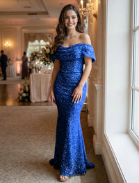 Mermaid/Trumpet Sequin Ruched Off Shoulder Corset Prom Dresses Maxi Gowns