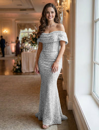 Mermaid/Trumpet Sequin Ruched Off Shoulder Corset Prom Dresses Maxi Gowns
