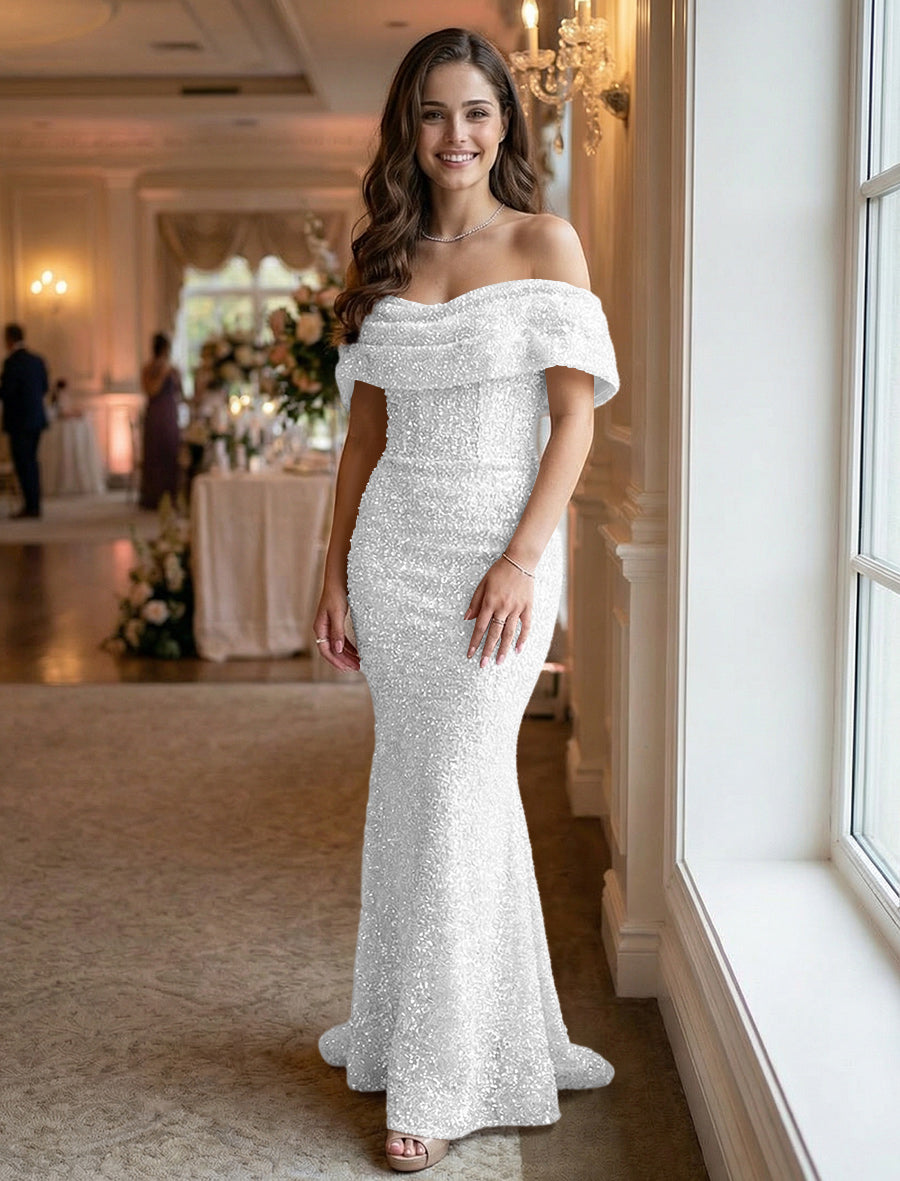 Mermaid/Trumpet Sequin Ruched Off Shoulder Corset Prom Dresses Maxi Gowns