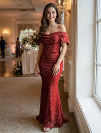 Mermaid/Trumpet Sequin Ruched Off Shoulder Corset Prom Dresses Maxi Gowns