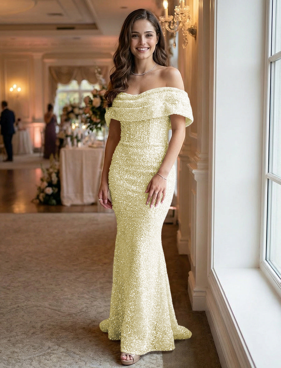 Mermaid/Trumpet Sequin Ruched Off Shoulder Corset Prom Dresses Maxi Gowns