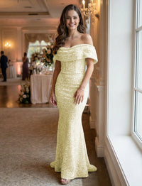 Mermaid/Trumpet Sequin Ruched Off Shoulder Corset Prom Dresses Maxi Gowns