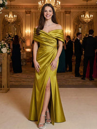 Sheath/Column Ruched Waist Off-the-Shoulder Formal Dresses Maxi Evening Gowns with High Slit & Sweep Train