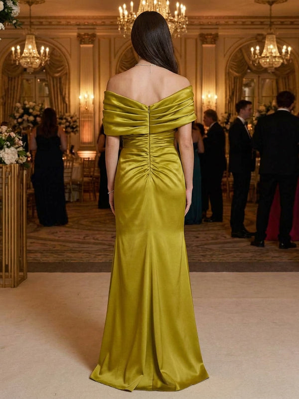 Sheath/Column Ruched Waist Off-the-Shoulder Formal Dresses Maxi Evening Gowns with High Slit & Sweep Train