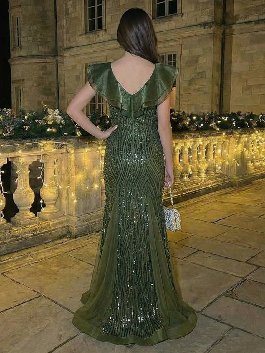 Mermaid Long Vertical Sequin Formal Dresses with Ruffle Sleeves & Tulle Overlay