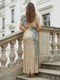 Sheath/Column Sequin Batwing Sleeves Formal Dresses with Floral Beaded Appliques
