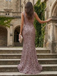 Sheath/Column Sparkly Sequin Ruffled Waist Deep V-Neck Evening Dresses Maxi Gown with Slit