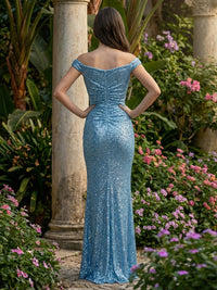 Sheath/Column Sparkly Sequin Off Shoulder Maxi Evening Dresses with Slit