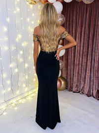 Sheath/Column Elegant Off Shoulder Satin Evening Dresses with Sequin Bodice