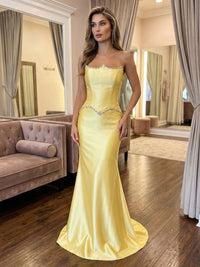 Mermaid/Trumpet Satin Strapless Corset Evening Dresses Floor-Length Formal Gala Gowns with Waist Rhinestones