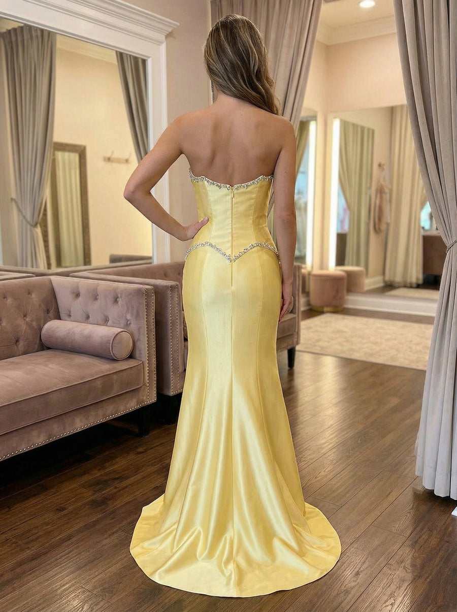 Mermaid/Trumpet Satin Strapless Corset Evening Dresses Floor-Length Formal Gala Gowns with Waist Rhinestones