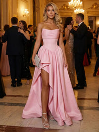 A-Line/Princess Strapless Satin Corset Evening Dresses Floor-Length Pleated Ball Gowns with High Slit