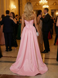 A-Line/Princess Strapless Satin Corset Evening Dresses Floor-Length Pleated Ball Gowns with High Slit