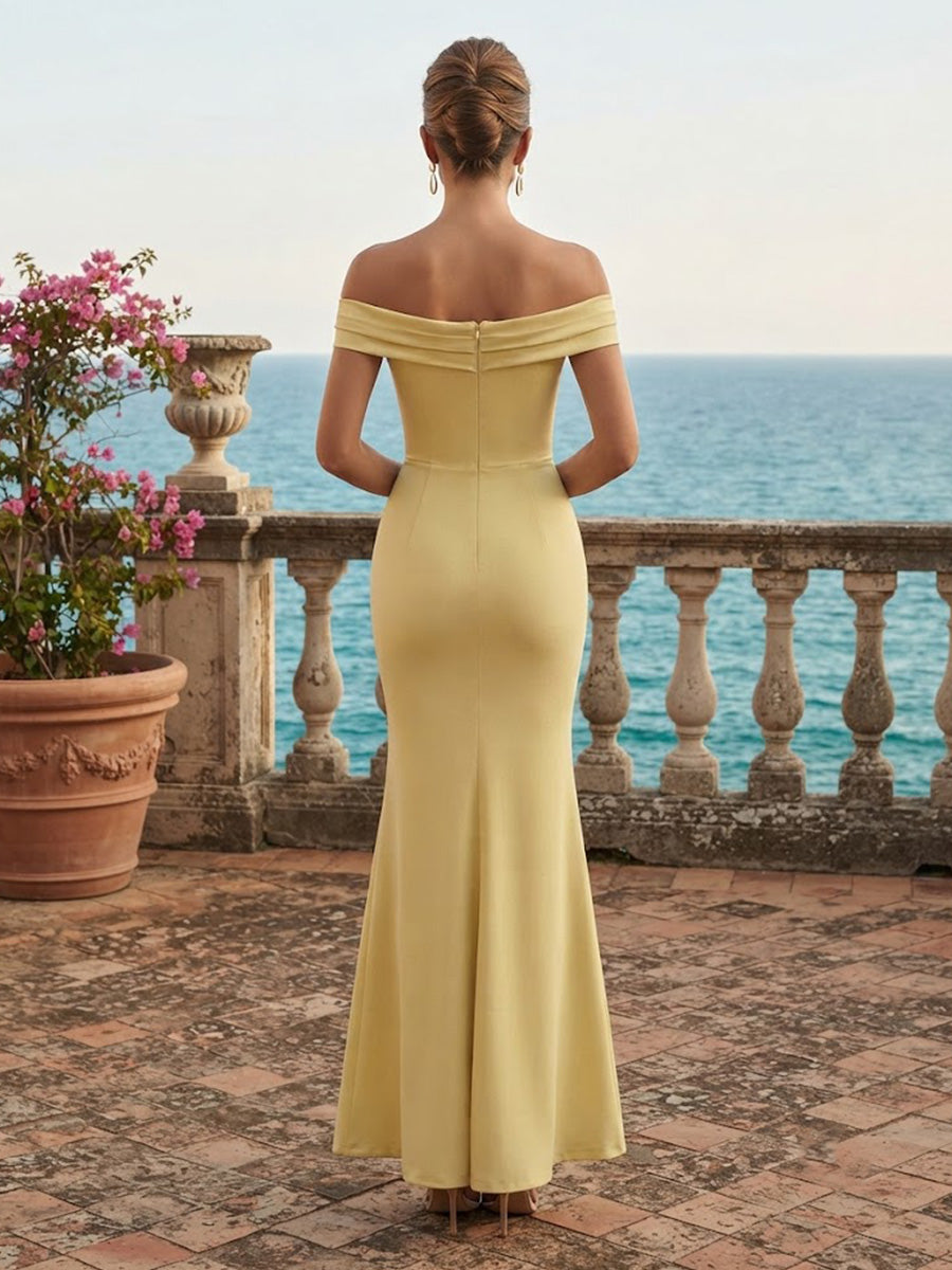 Stretch Jersey Sheath/Column Off Shoulder Floor-Length Prom Dresses with Ruched Waist & Slit