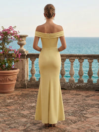 Stretch Jersey Sheath/Column Off Shoulder Floor-Length Prom Dresses with Ruched Waist & Slit