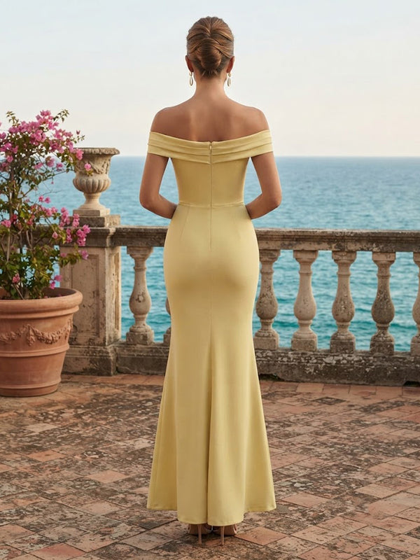 Stretch Jersey Sheath/Column Off Shoulder Floor-Length Prom Dresses with Ruched Waist & Slit