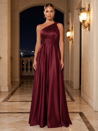 A-Line/Princess Military Ball Dresses One Shoulder Satin Maxi Formal Dresses with Pleats