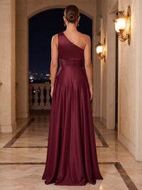 A-Line/Princess Military Ball Dresses One Shoulder Satin Maxi Formal Dresses with Pleats