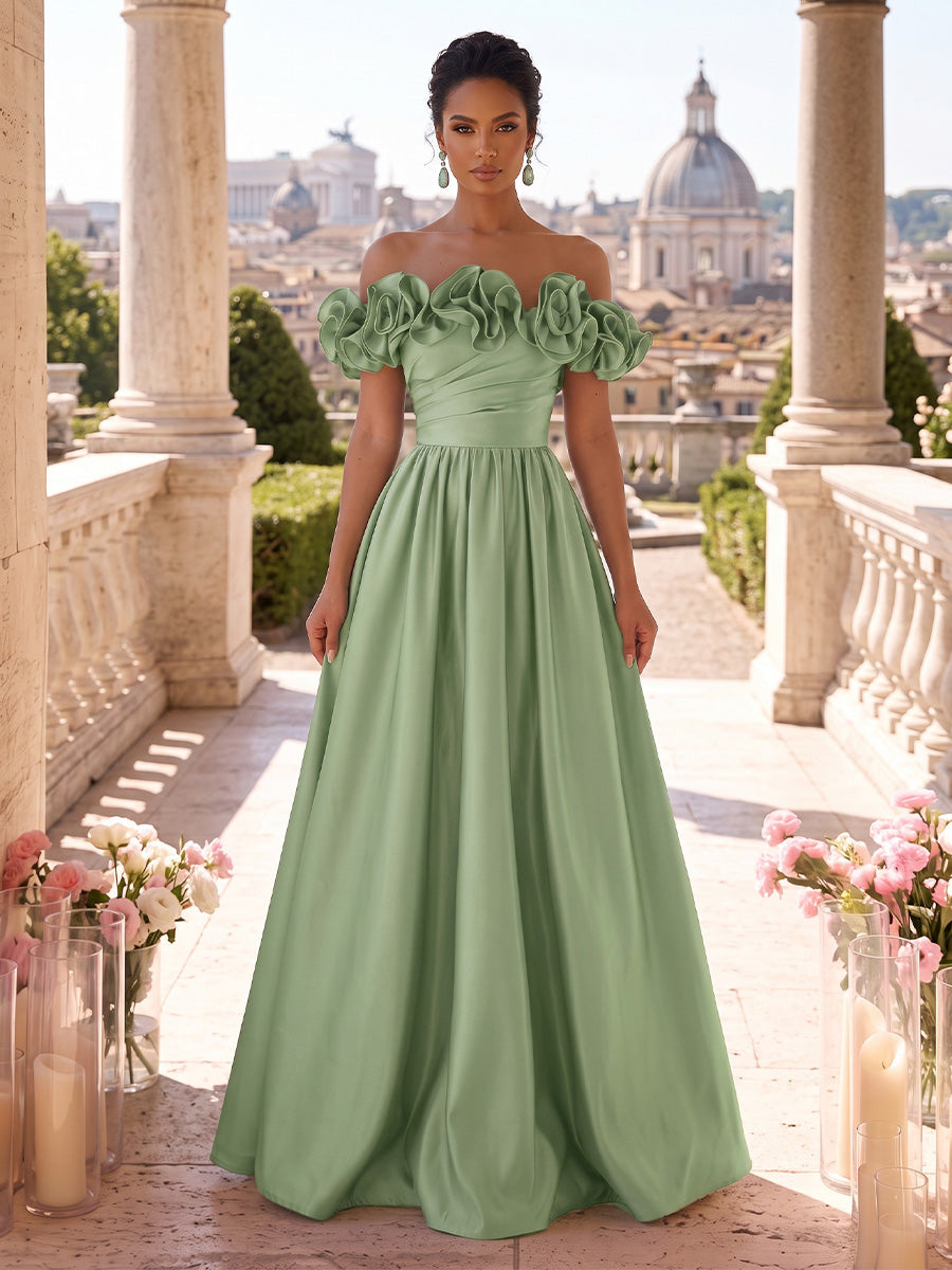 A-Line/Princess Military Ball Dresses Off Shoulder Satin Maxi Formal Dresses with Ruffles & Pleats