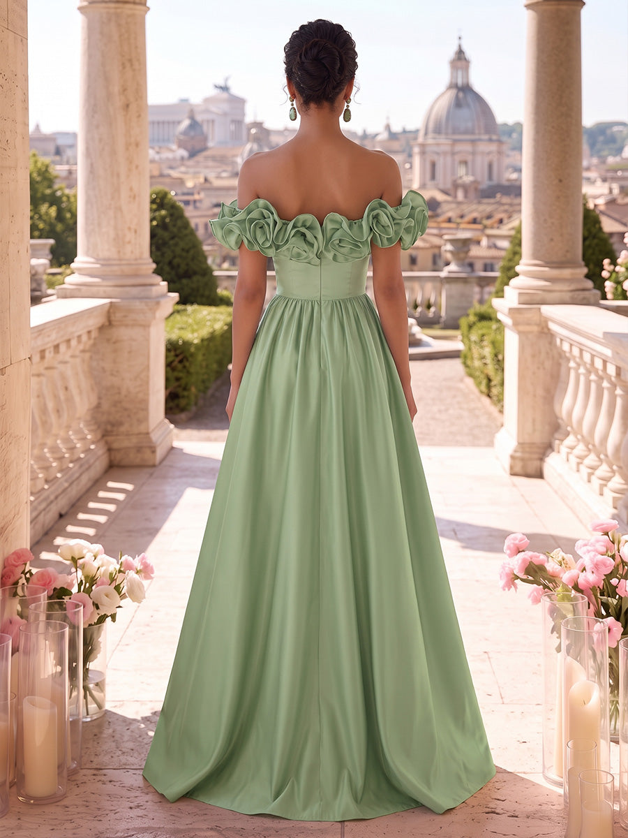 A-Line/Princess Military Ball Dresses Off Shoulder Satin Maxi Formal Dresses with Ruffles & Pleats