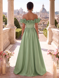 A-Line/Princess Military Ball Dresses Off Shoulder Satin Maxi Formal Dresses with Ruffles & Pleats