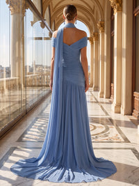 A-Line/Princess Military Ball Dresses Off Shoulder Chiffon Maxi Formal Dresses with Scarf, Slit & Pleated