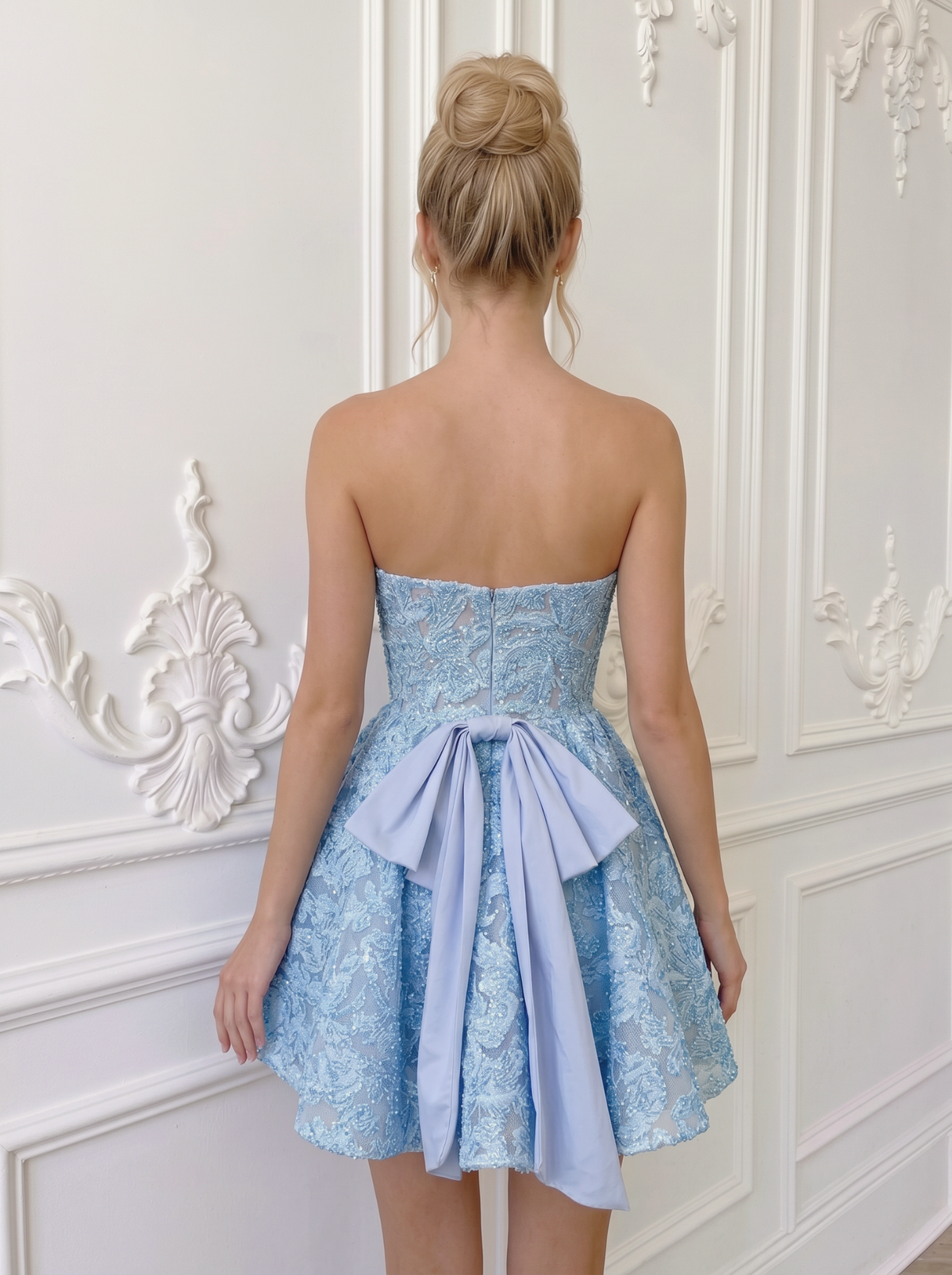 Jacquard A-Line/Princess Strapless Short Homecoming Dresses with Corset Bodice & Bow