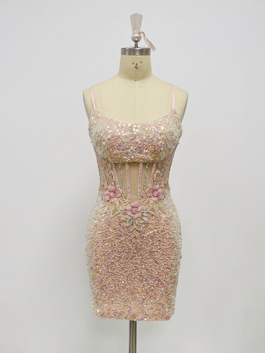Sequin Floral Bodycon Spaghetti Straps Short Homecoming Dresses with Corset Bodice