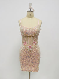 Sequin Floral Bodycon Spaghetti Straps Short Homecoming Dresses with Corset Bodice