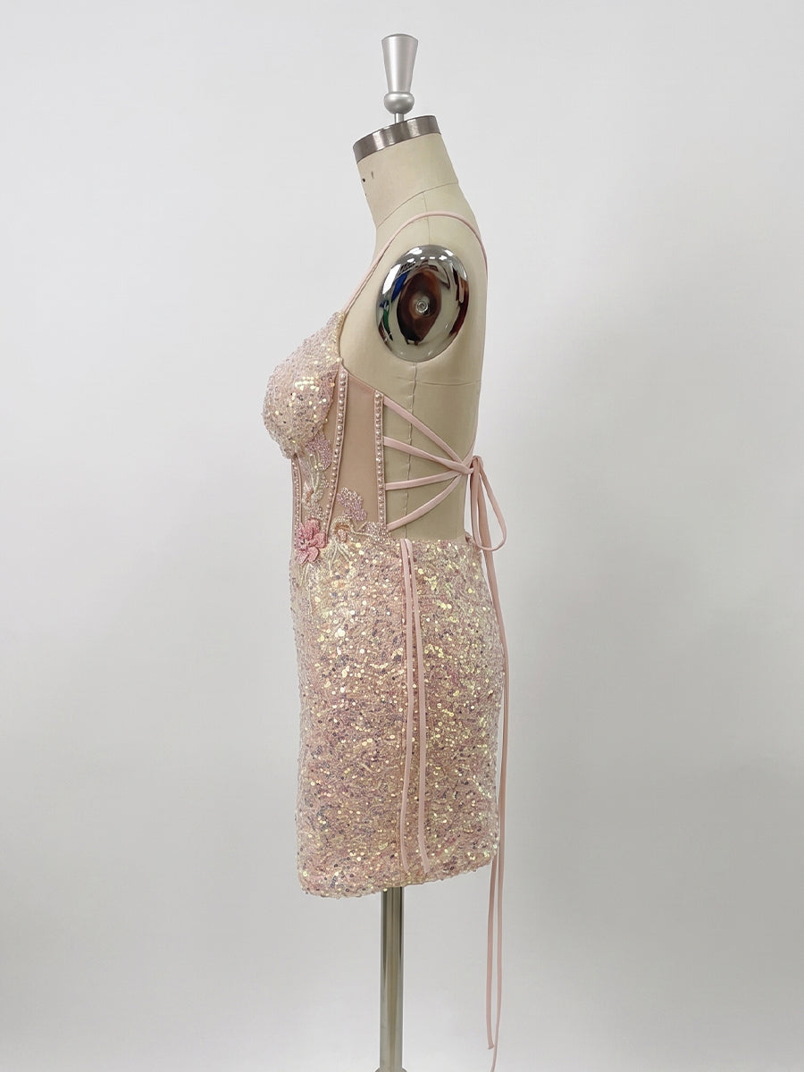 Sequin Floral Bodycon Spaghetti Straps Short Homecoming Dresses with Corset Bodice