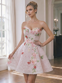 Sequin Floral A-Line/Princess Strapless Short Homecoming Dresses with Corset Bodice