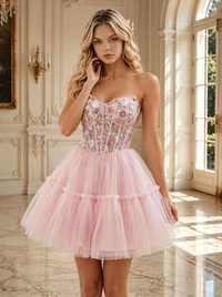 Tulle A-Line/Princess Strapless Short Homecoming Dresses with Floral Print Corset Bodice