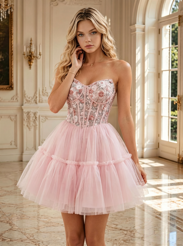 Tulle A-Line/Princess Strapless Short Homecoming Dresses with Floral Print Corset Bodice