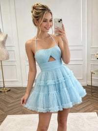 Tulle A-Line/Princess Halter Short Homecoming Dresses with Tiered Layers