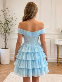 Chiffon A-Line/Princess Off Shoulder Short Homecoming Dresses with Rhinestones Corset Bodice & Tiered Layers