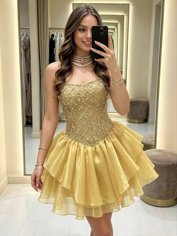 Organza A-Line/Princess Strapless Short Homecoming Dresses with Rhinestones Corset Bodice & Tiered Layers