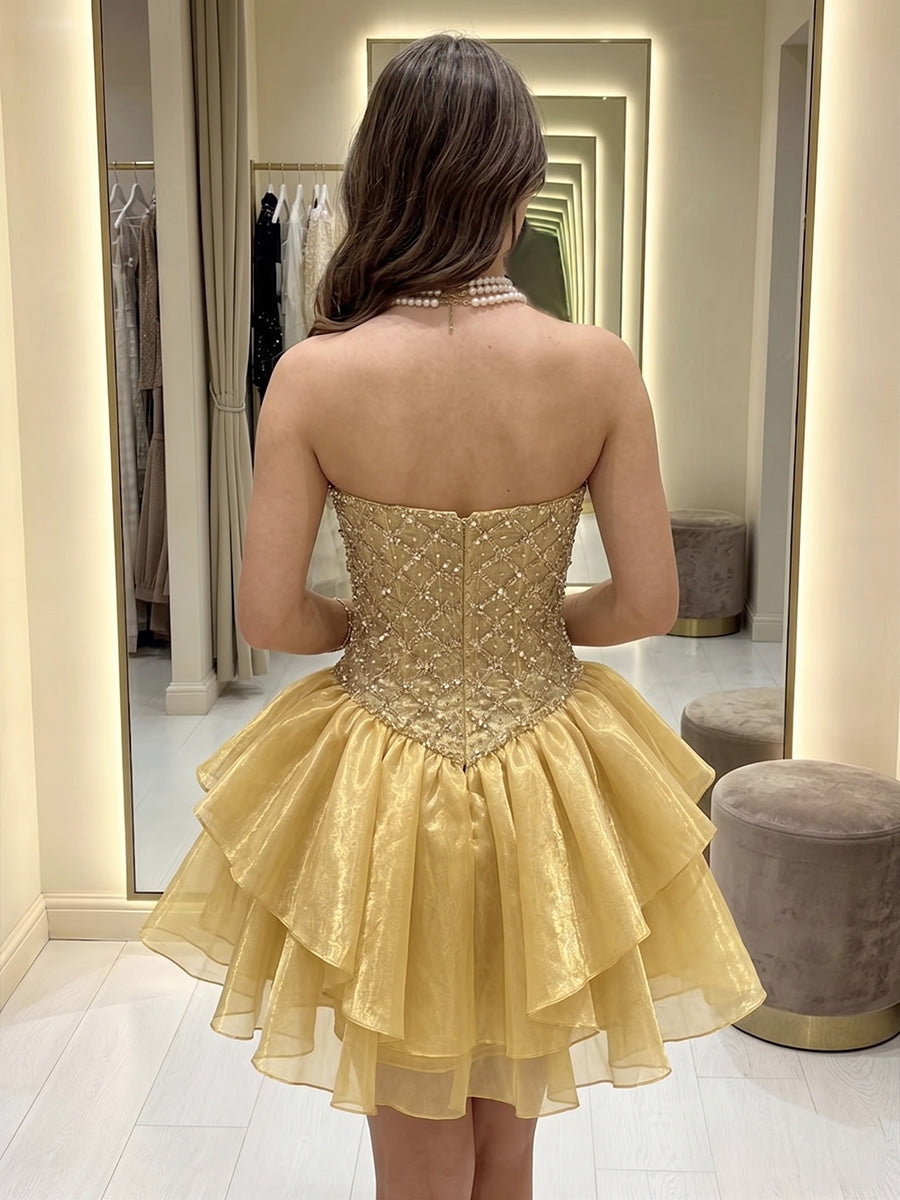 Organza A-Line/Princess Strapless Short Homecoming Dresses with Rhinestones Corset Bodice & Tiered Layers