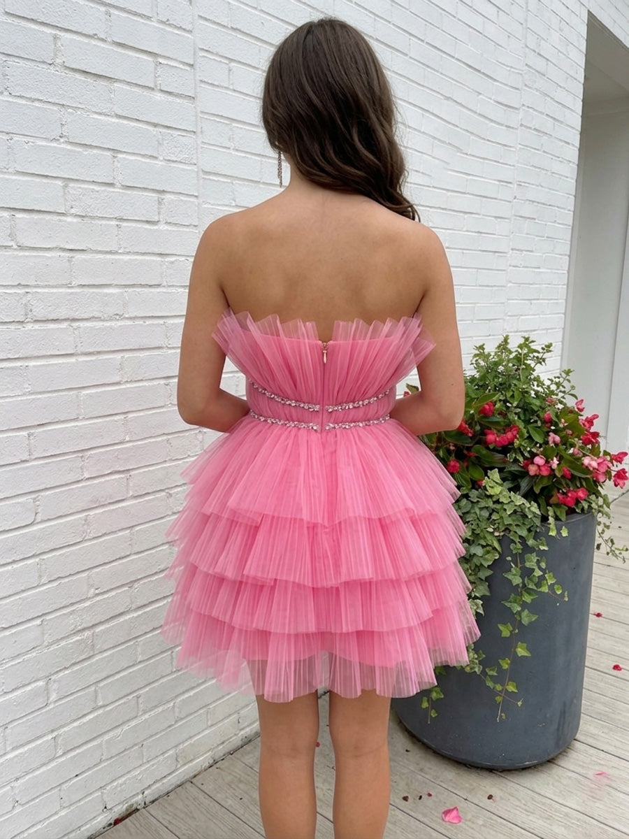 Tulle A-Line/Princess Strapless Short Homecoming Dresses with Rhinestones Waist & Tiered Layers