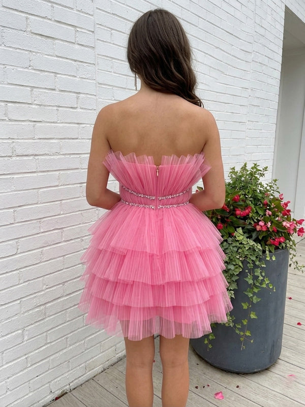 Tulle A-Line/Princess Strapless Short Homecoming Dresses with Rhinestones Waist & Tiered Layers