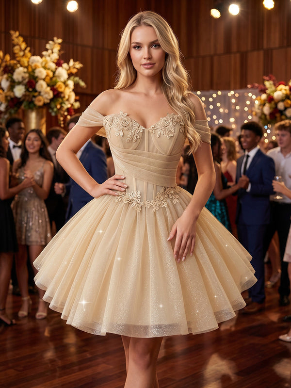 Tulle A-Line/Princess Off Shoulder Short Homecoming Dresses with Corset Bodice